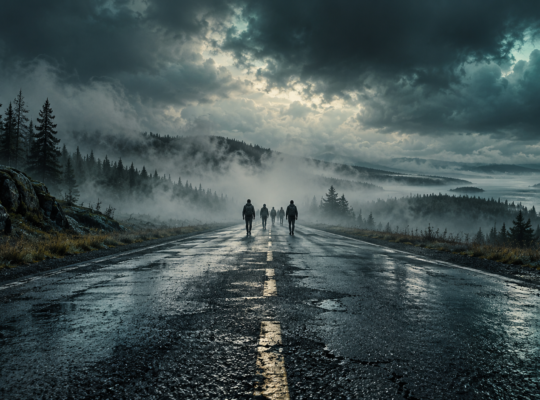 Ilustración de caminantes en una carretera húmeda bajo un cielo oscuro, inspirada en La larga marcha