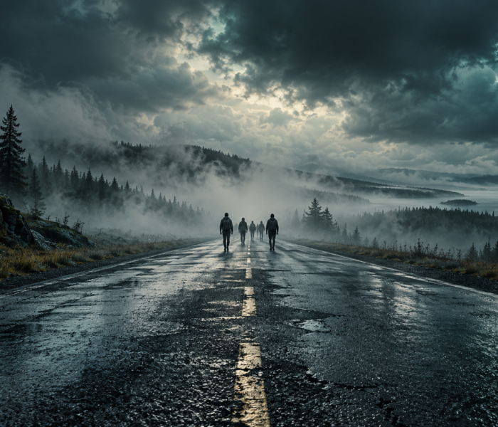 Ilustración de caminantes en una carretera húmeda bajo un cielo oscuro, inspirada en La larga marcha